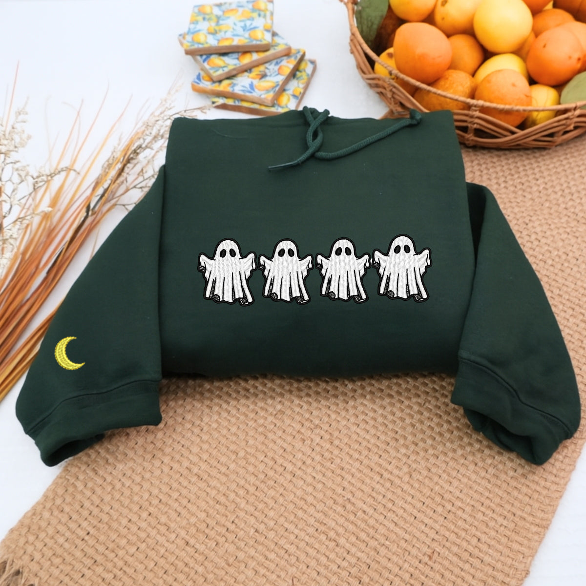 Halloween Custom Embroidered Hoodie - Ghost & Bat Design - Personalized Spooky Season Gift