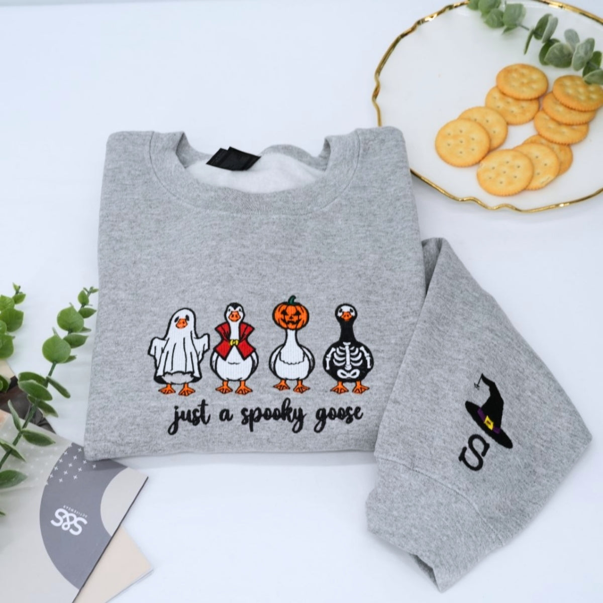 Halloween Custom Embroidered Sweatshirt - Spooky Goose Design - Cute Personalized Halloween Apparel