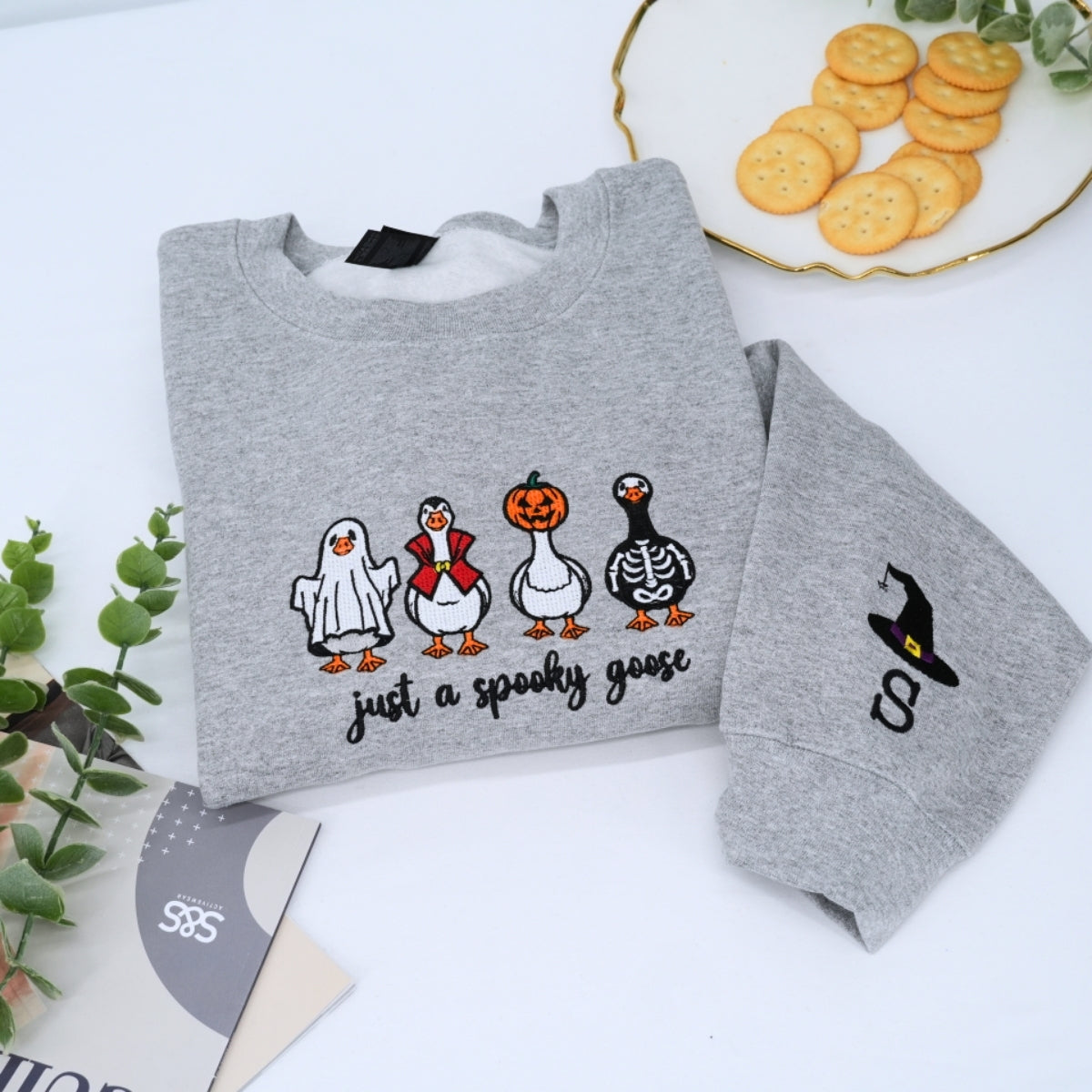 Halloween Custom Embroidered Sweatshirt - Spooky Goose Design - Cute Personalized Halloween Apparel