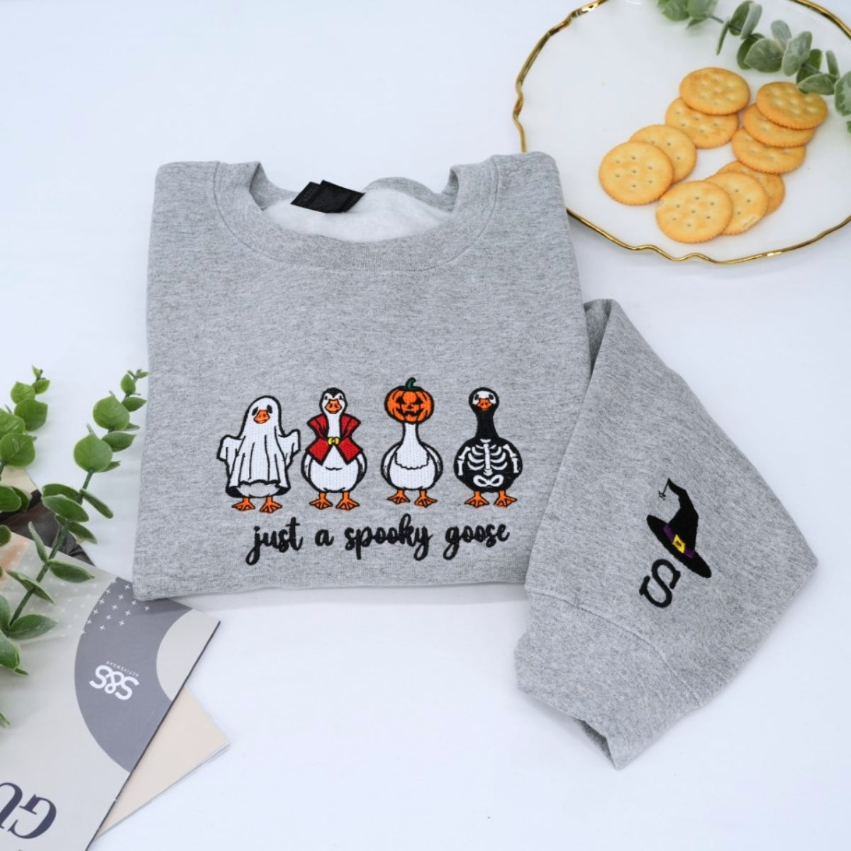 Halloween Custom Embroidered Sweatshirt - Spooky Goose Design - Cute Personalized Halloween Apparel