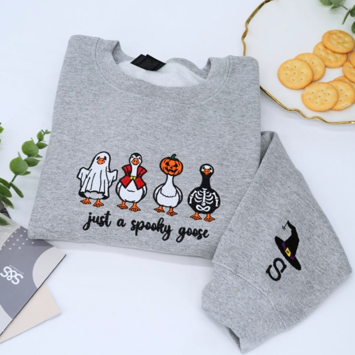 Halloween Custom Embroidered Sweatshirt - Spooky Goose Design - Cute Personalized Halloween Apparel