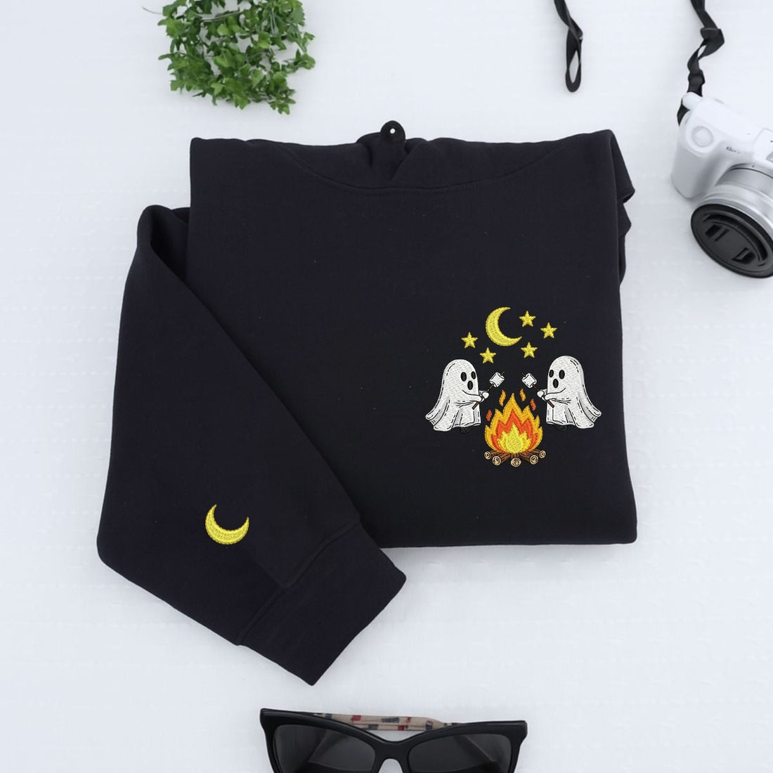 Halloween Ghost Campfire Custom Embroidered Hoodie - Spooky Camping Design - Personalized Cozy Hallo