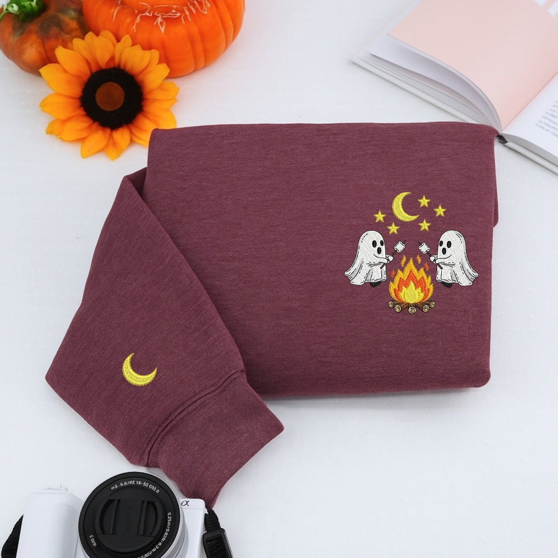 Halloween Ghost Campfire Custom Embroidered Hoodie - Spooky Camping Design - Personalized Cozy Hallo