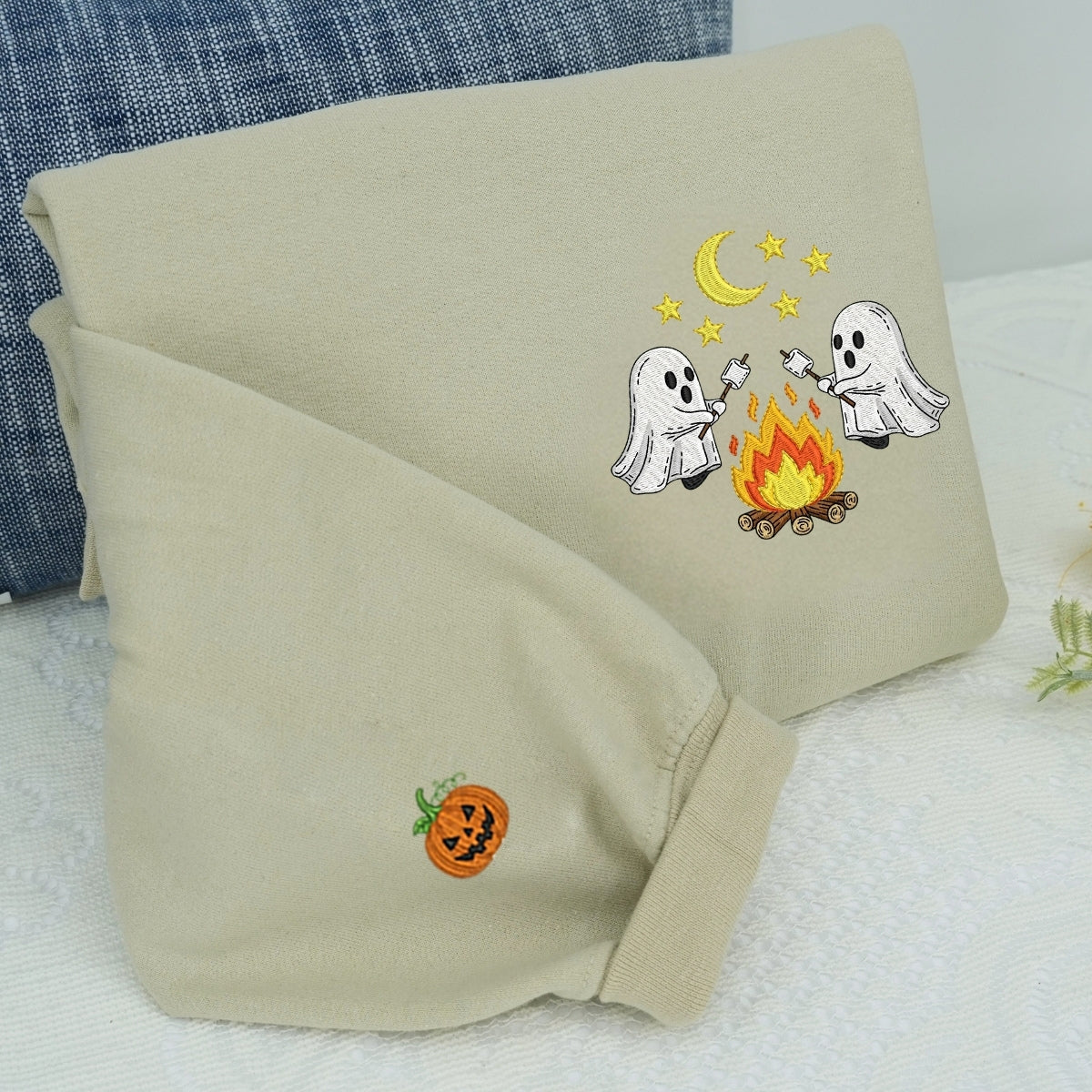 Halloween Ghost Campfire Custom Embroidered Hoodie - Spooky Camping Design - Personalized Cozy Hallo