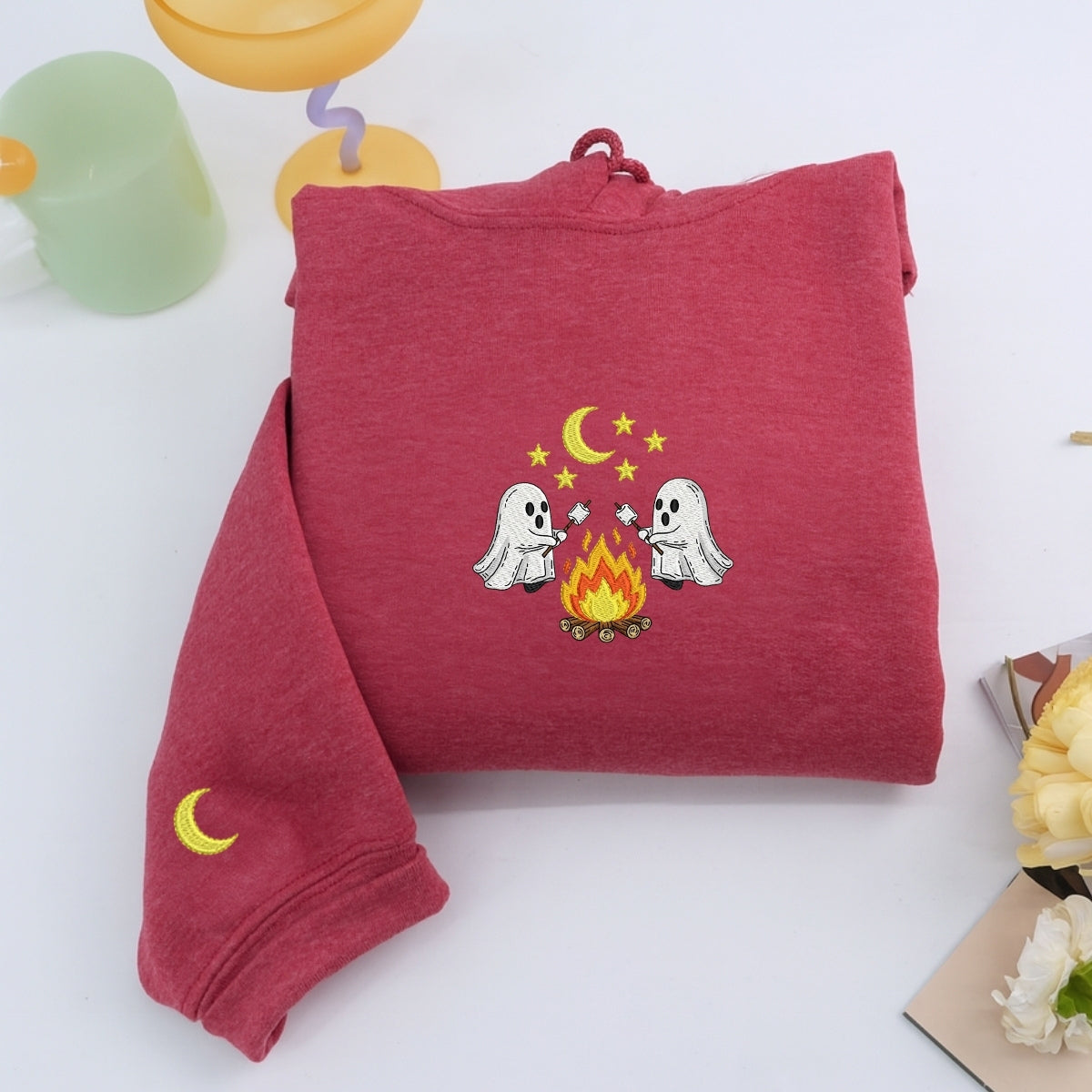 Halloween Ghost Campfire Custom Embroidered Hoodie - Spooky Camping Design - Personalized Cozy Hallo