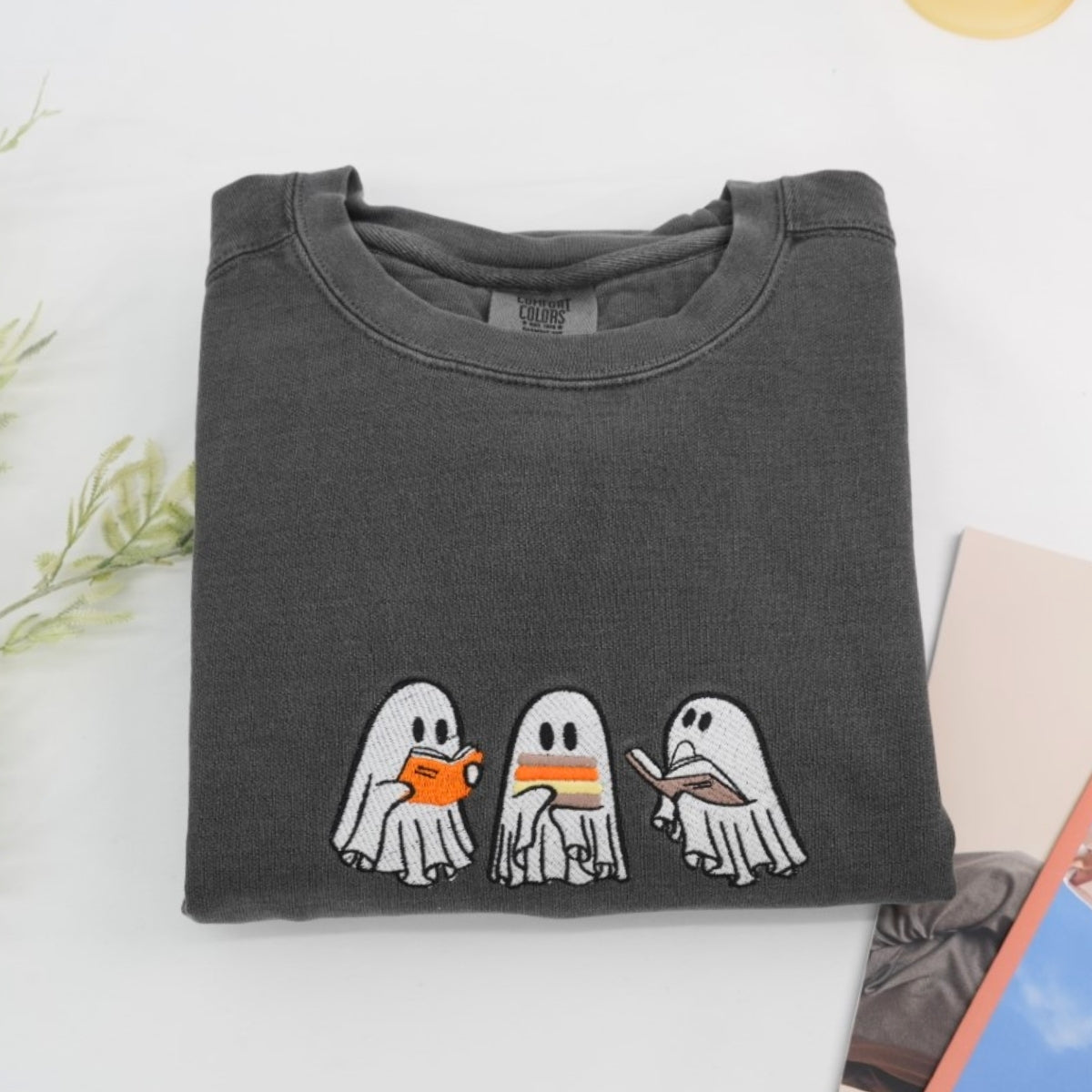 Halloween Ghost Trio Custom Embroidered Sweatshirt - Trick-or-Treat Design - Personalized Spooky Fam