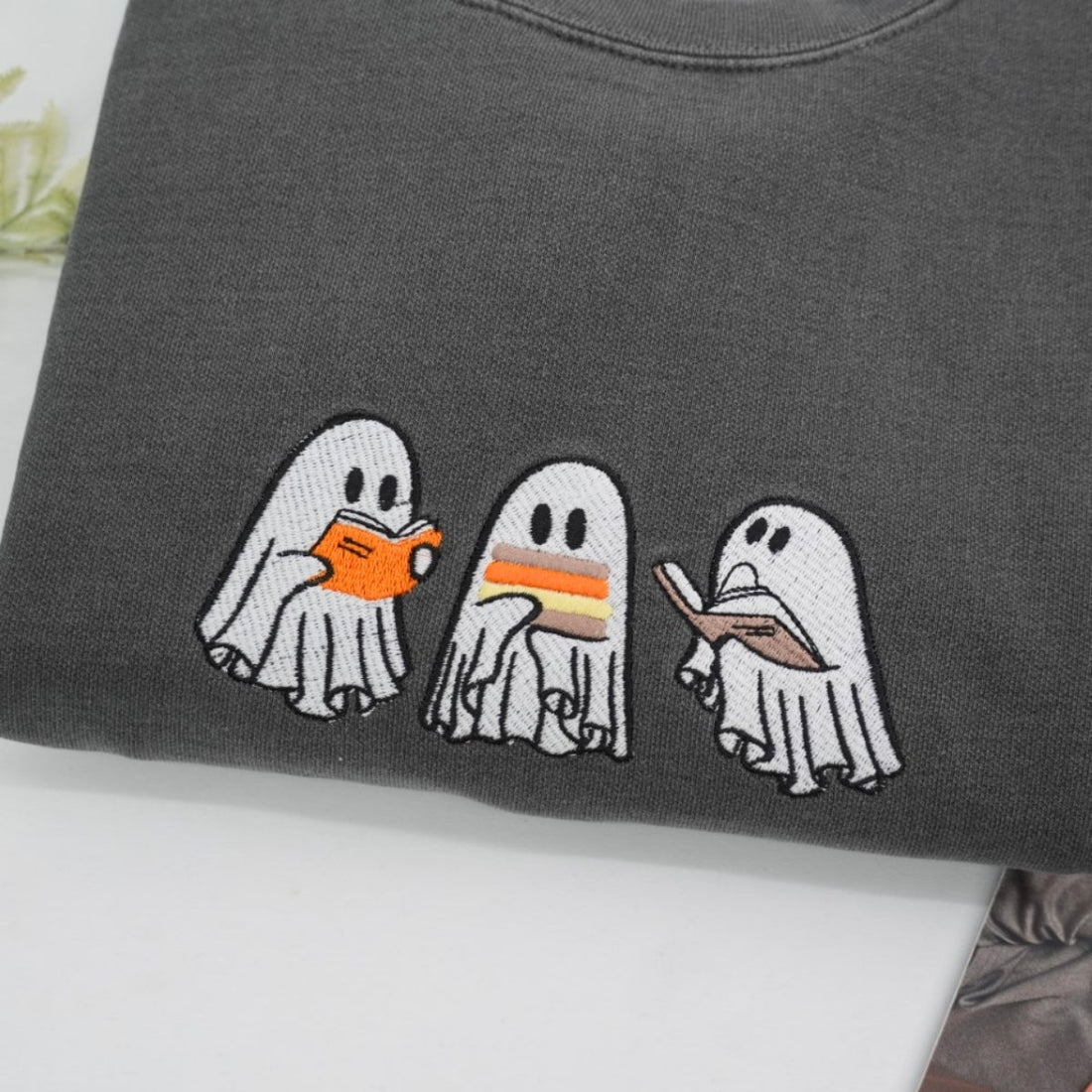 Halloween Ghost Trio Custom Embroidered Sweatshirt - Trick-or-Treat Design - Personalized Spooky Fam