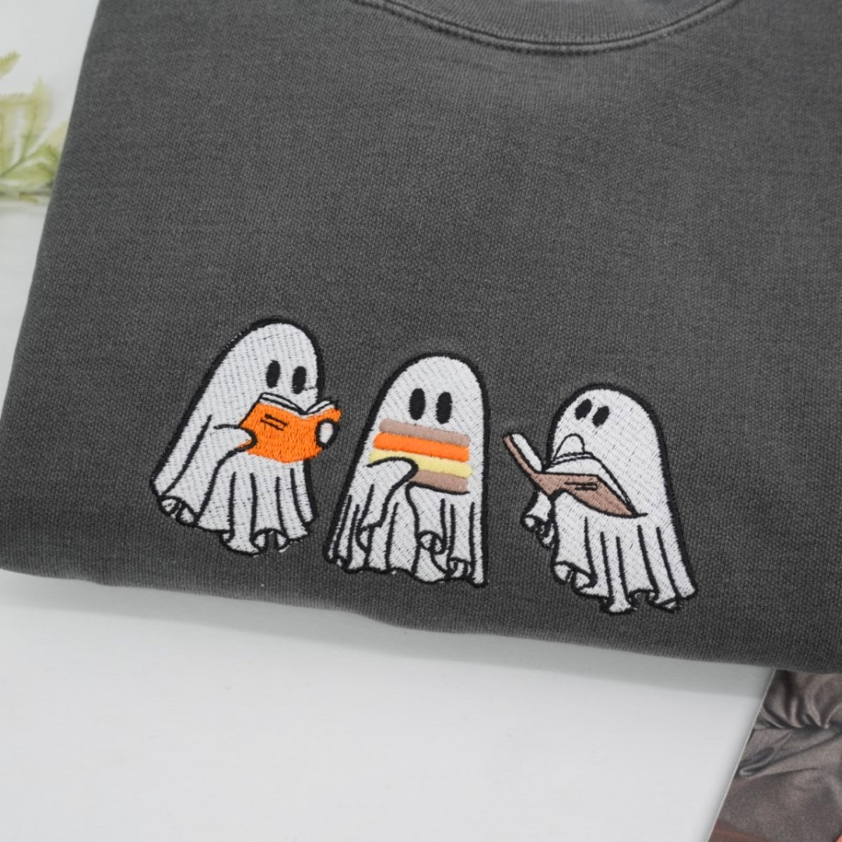 Halloween Ghost Trio Custom Embroidered Sweatshirt - Trick-or-Treat Design - Personalized Spooky Fam
