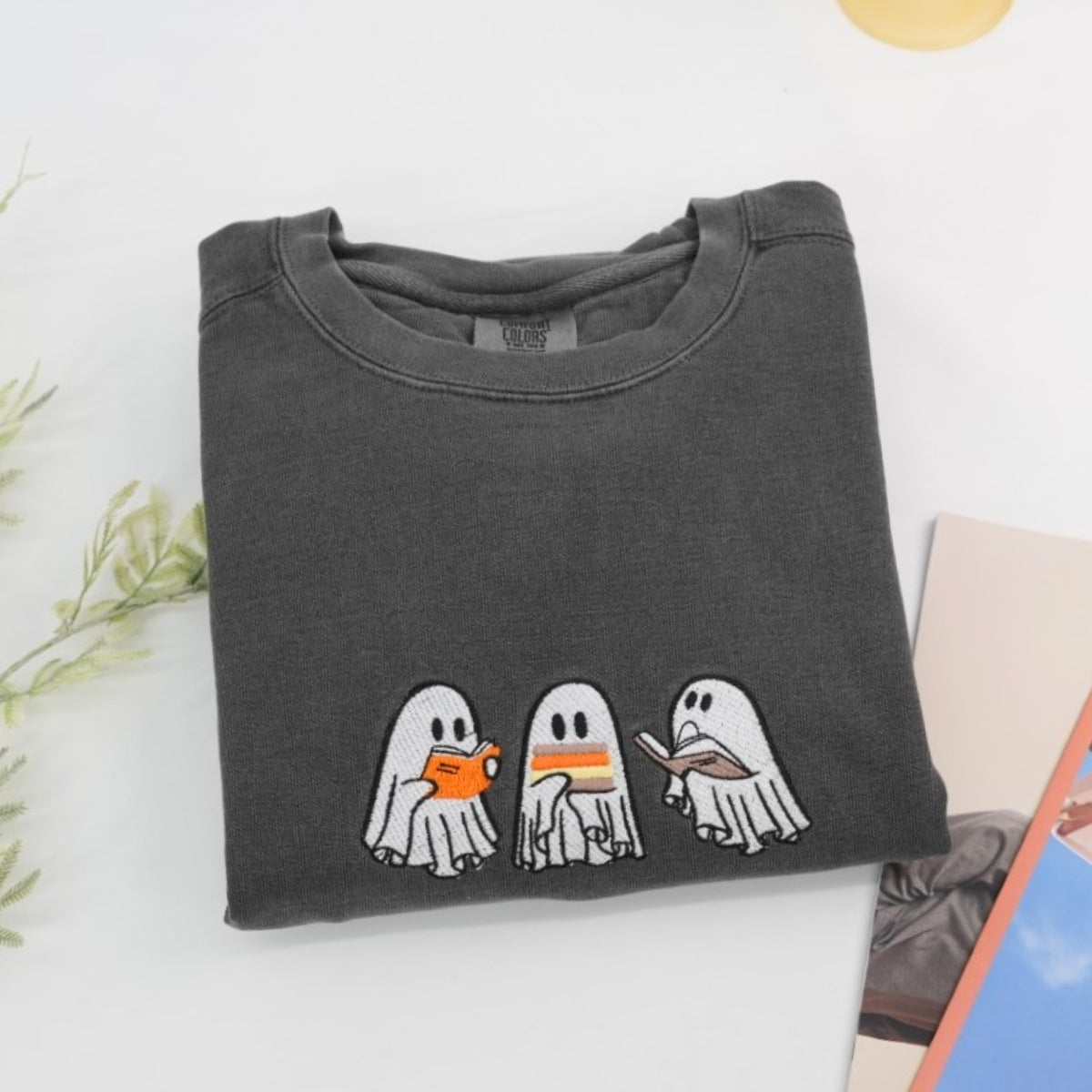 Halloween Ghost Trio Custom Embroidered Sweatshirt - Trick-or-Treat Design - Personalized Spooky Fam