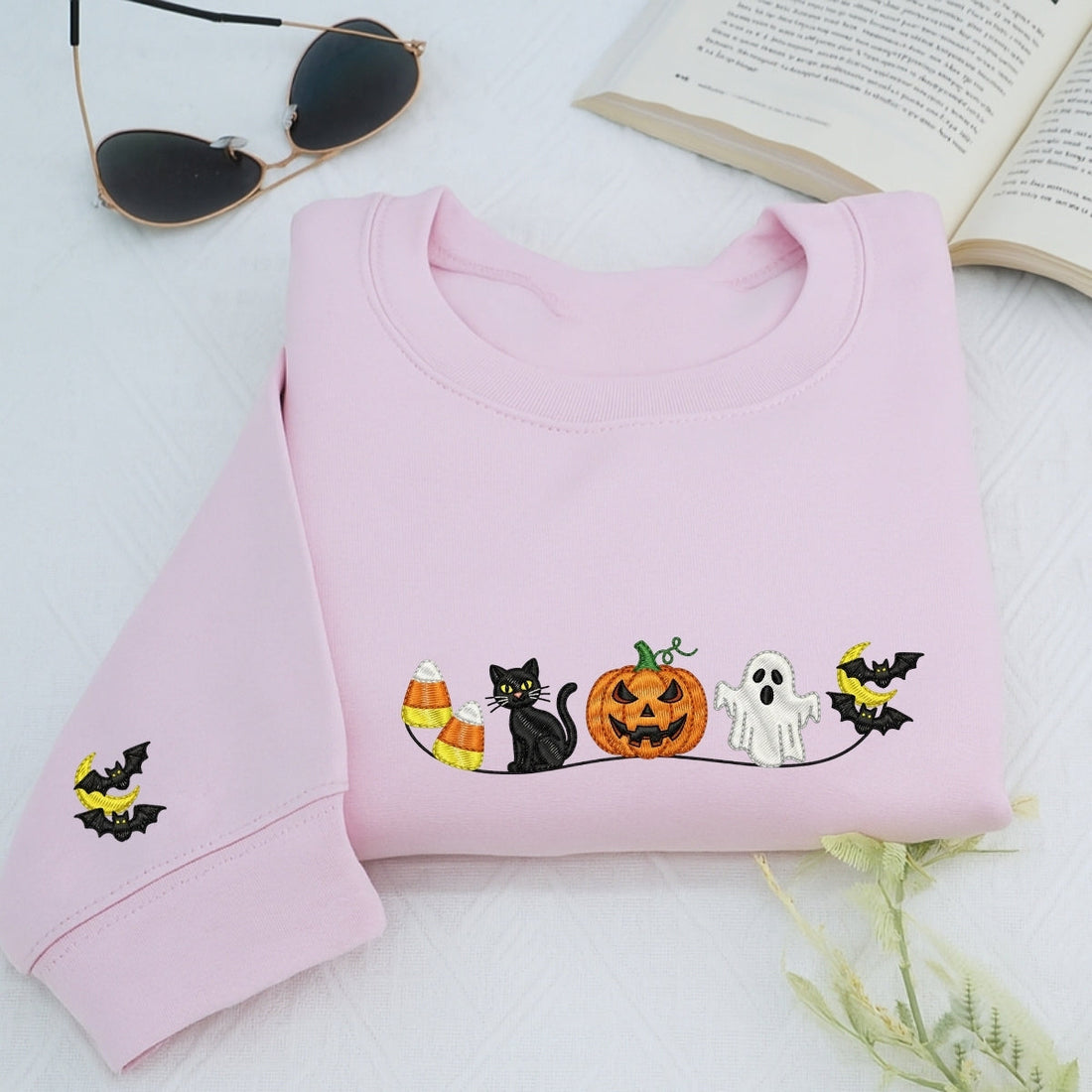 Halloween Icons Custom Embroidered Sweatshirt - Ghost Pumpkin Cat - Personalized Spooky Season Gift