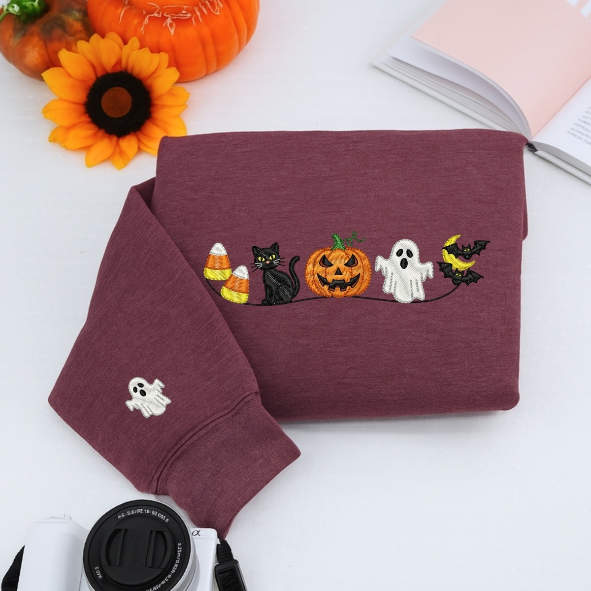Halloween Icons Custom Embroidered Sweatshirt - Ghost Pumpkin Cat - Personalized Spooky Season Gift
