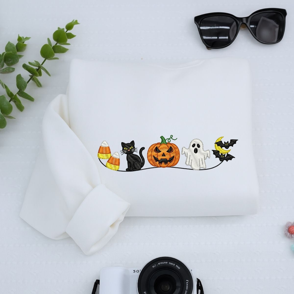 Halloween Icons Custom Embroidered Sweatshirt - Ghost Pumpkin Cat - Personalized Spooky Season Gift