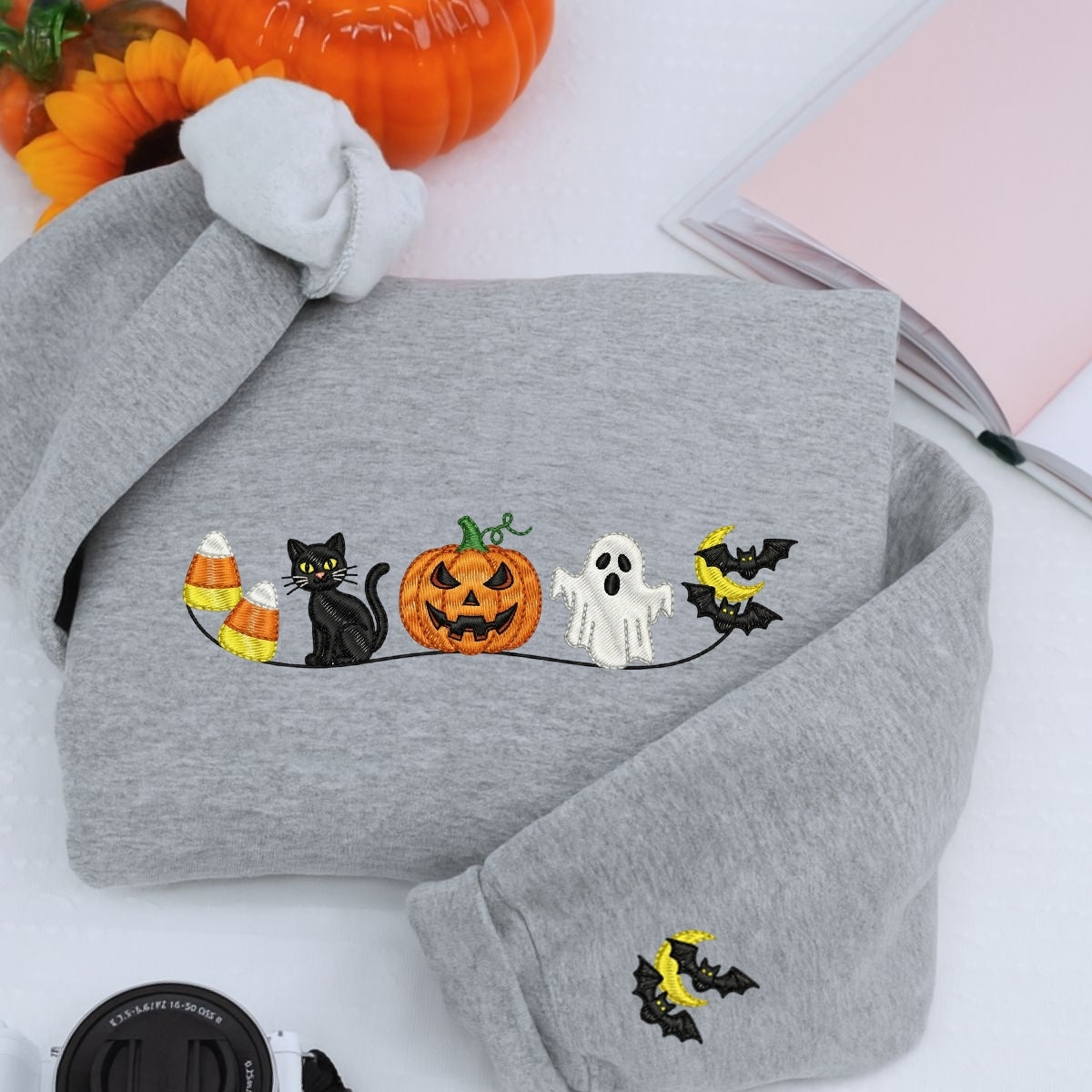 Halloween Icons Custom Embroidered Sweatshirt - Ghost Pumpkin Cat - Personalized Spooky Season Gift