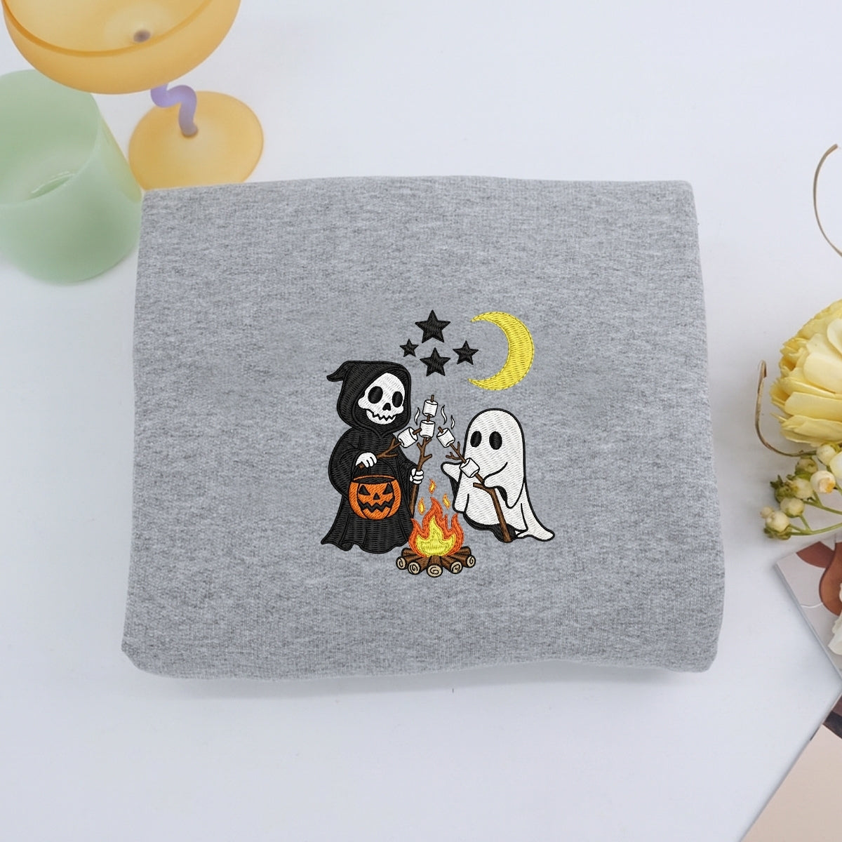 Halloween Campfire Custom Sweaters - Spooky Friends Embroidered Apparel - Perfect Halloween Gift