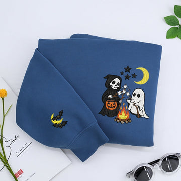 Halloween Campfire Custom Sweaters - Spooky Friends Embroidered Apparel - Perfect Halloween Gift