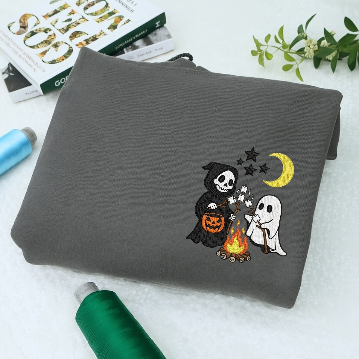 Halloween Campfire Custom Sweaters - Spooky Friends Embroidered Apparel - Perfect Halloween Gift