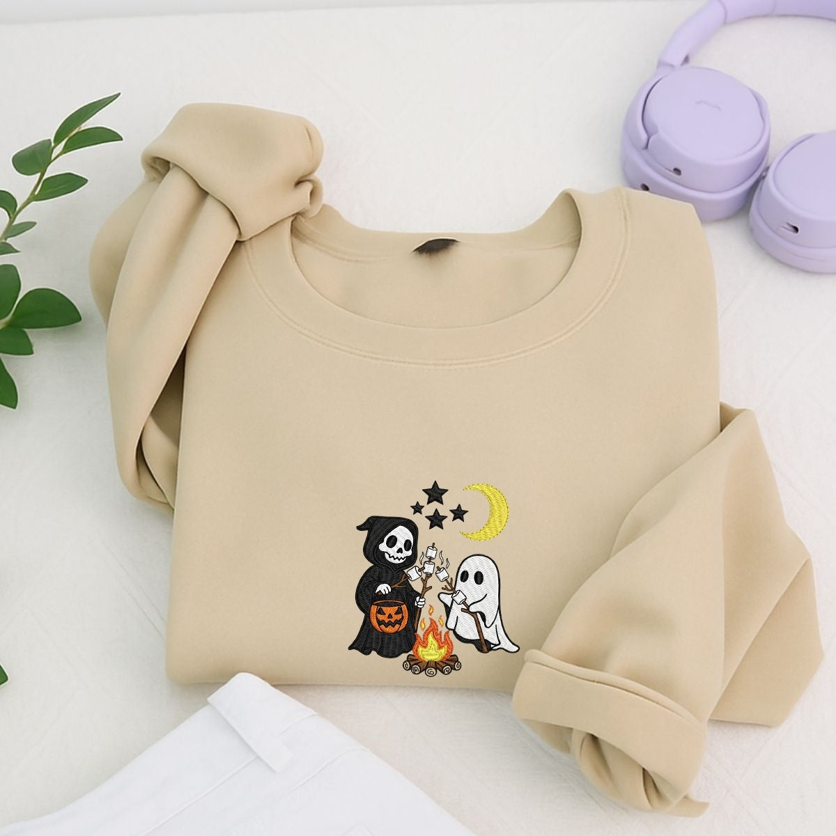 Halloween Campfire Custom Sweaters - Spooky Friends Embroidered Apparel - Perfect Halloween Gift