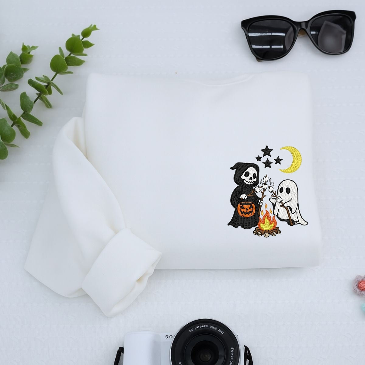 Halloween Campfire Custom Sweaters - Spooky Friends Embroidered Apparel - Perfect Halloween Gift