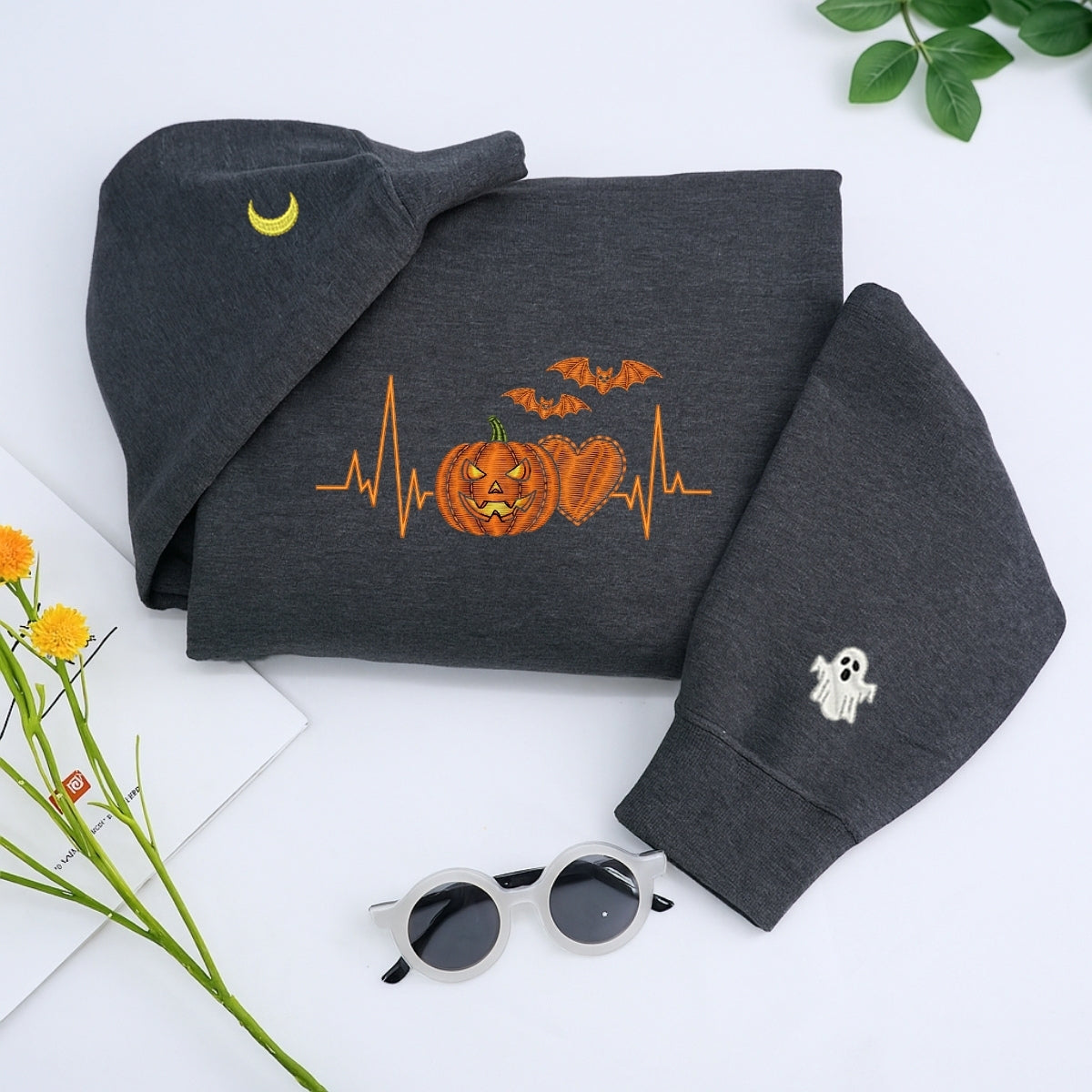 Halloween Heartbeat Medical Hoodies - Nurse Doctor Pumpkin EKG Embroidered Sweaters - Perfect Healthcare Halloween Gift