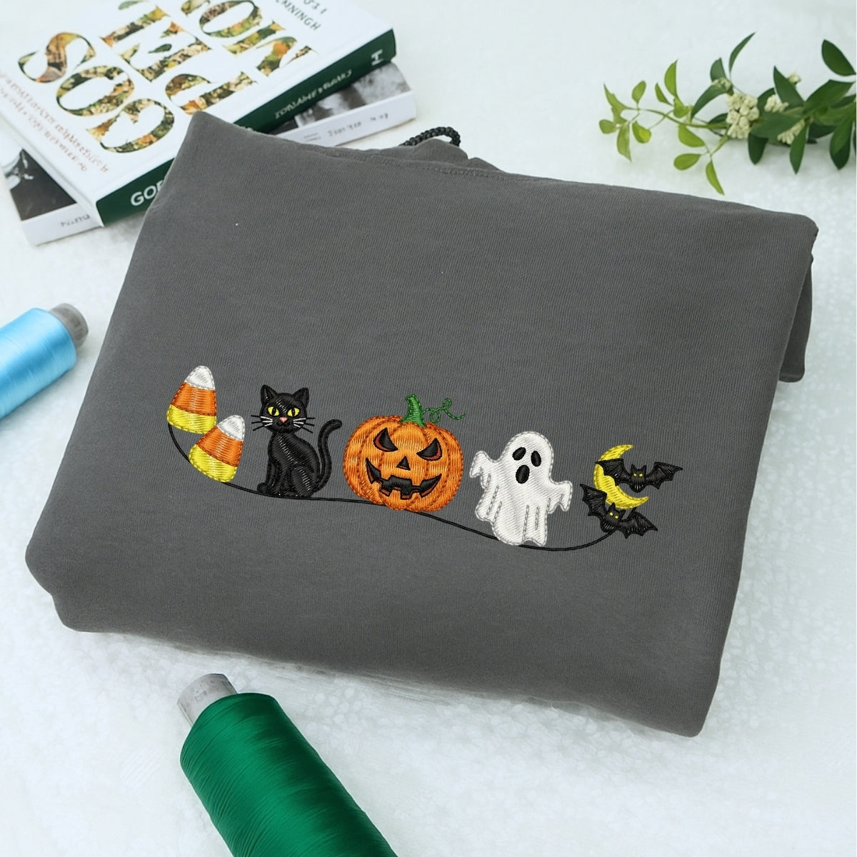 Halloween Icons Embroidered Sweaters - Cute Ghost Pumpkin Cat Crewneck - Perfect Spooky Season Gift