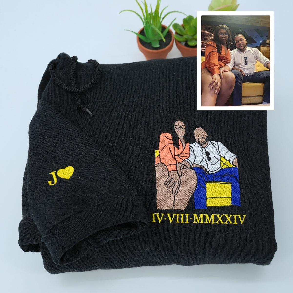 His & Hers Custom Photo Embroidered Hoodie - Personalized Couples Sweatshirt - Anniversary Gift