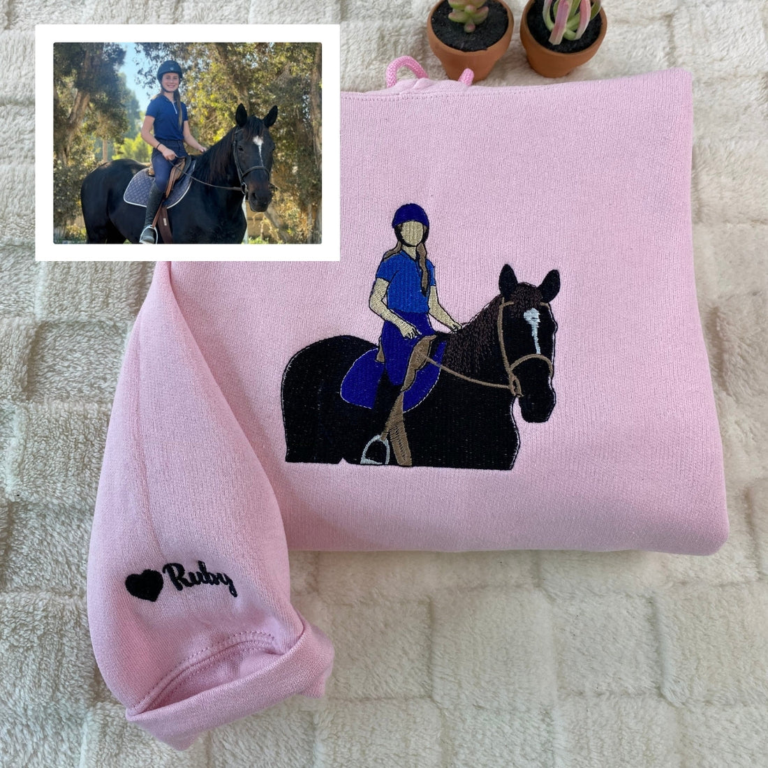 Horse Lover Custom Embroidered Hoodie - Equestrian Portrait Sweatshirt - Personalized Horse Rider Gi
