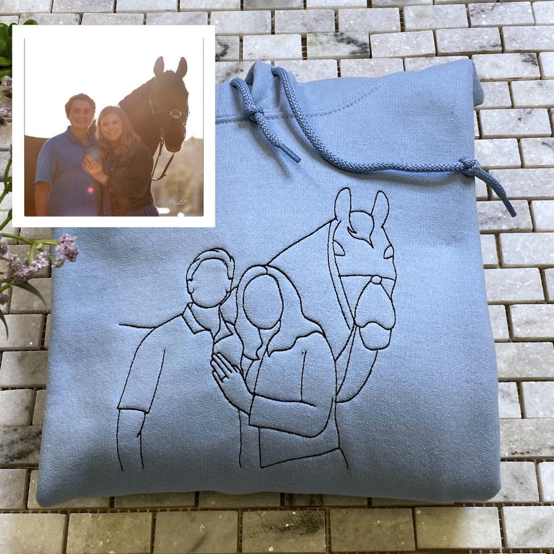 Horse Rider Line Art Custom Embroidered Hoodie - Equestrian Portrait Apparel - Art Gift