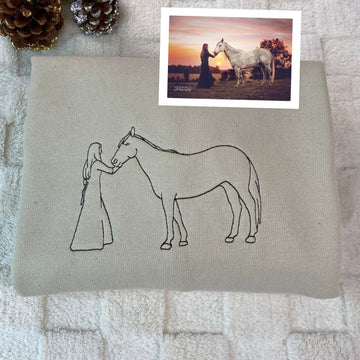 Horse Line Art Hoodies - Custom Equestrian Portrait Embroidered Sweatshirts - Rider Art Gift