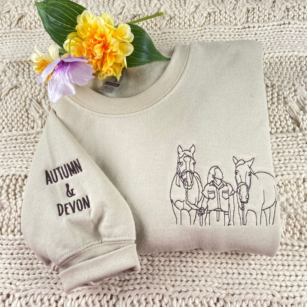 Horse Rider Line Art Hoodies - Custom Portrait Embroidered Apparel - Equestrian Art Gift