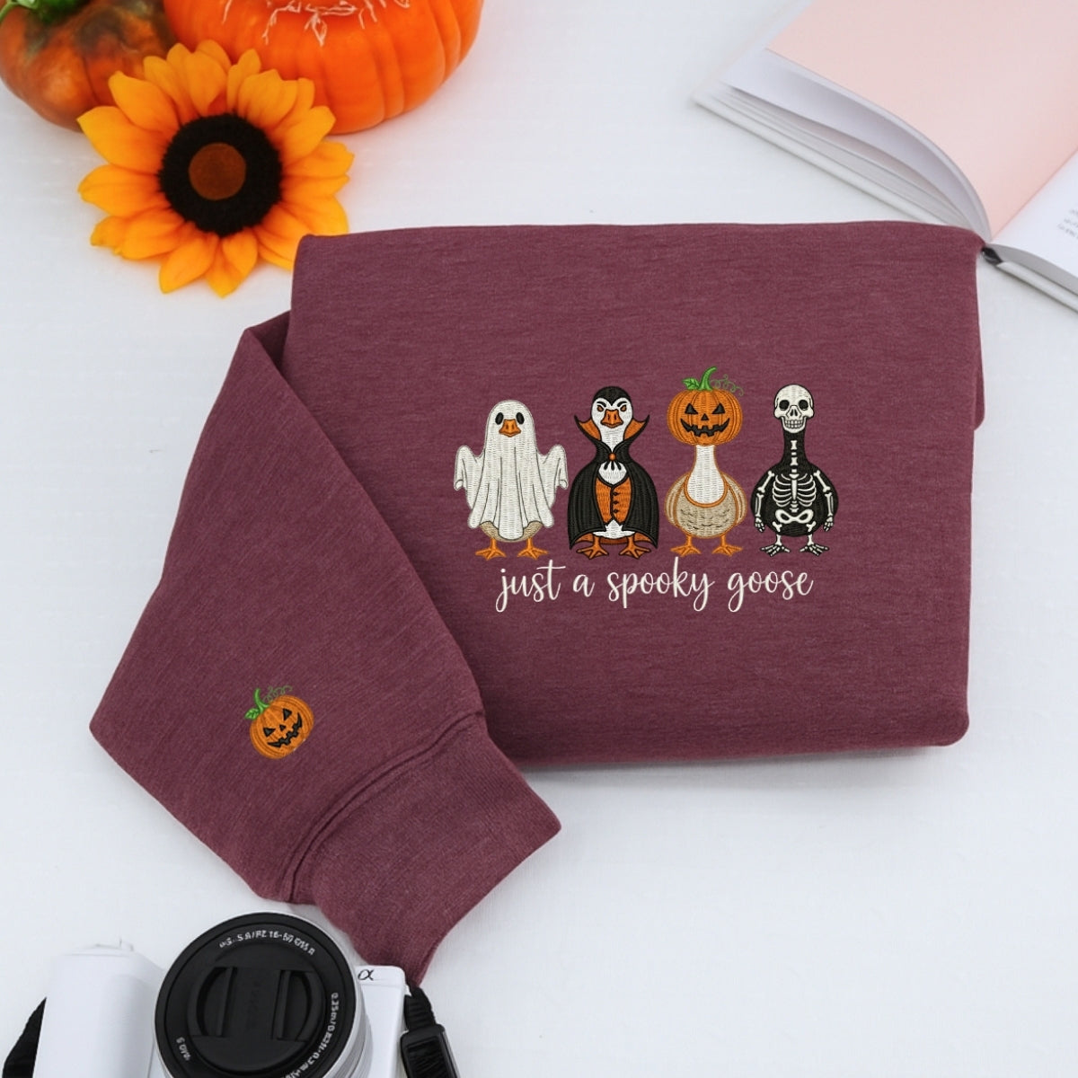 Just A Spooky Goose Custom Sweaters - Halloween Geese Embroidered Apparel - Perfect Cute Halloween Gift