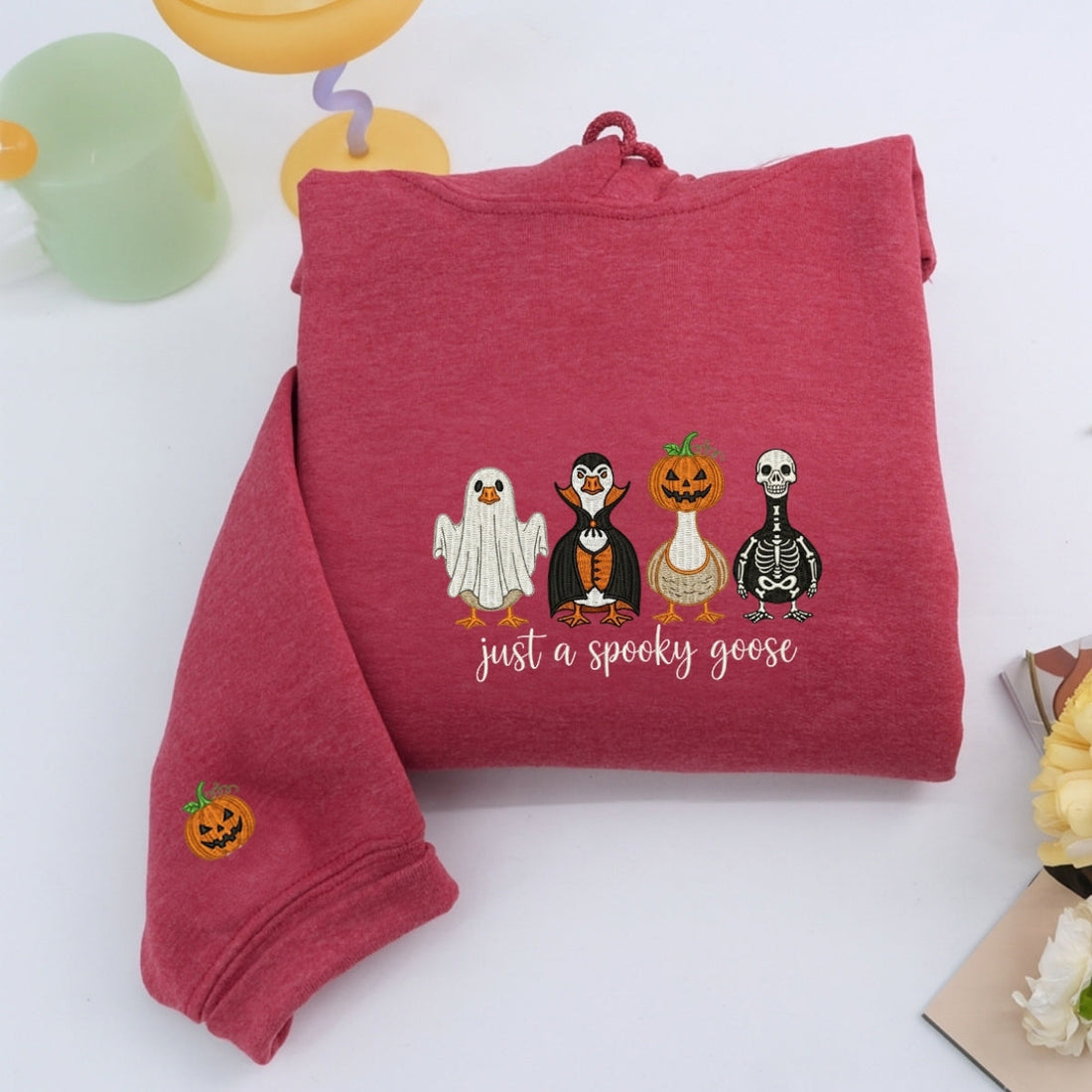Just A Spooky Goose Custom Sweaters - Halloween Geese Embroidered Apparel - Perfect Cute Halloween Gift
