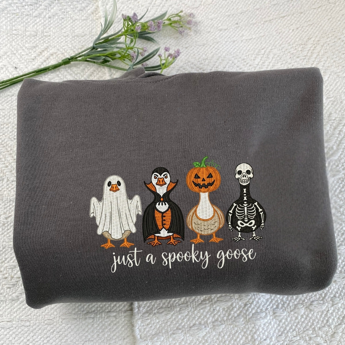 Just A Spooky Goose Custom Sweaters - Halloween Geese Embroidered Apparel - Perfect Cute Halloween Gift