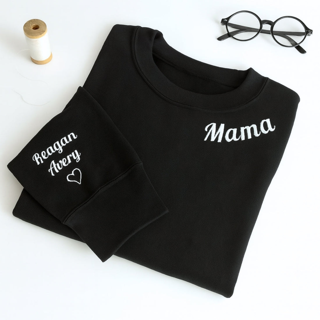 Mama Custom Embroidered Hoodie - Neckline Sweatshirt with Child Name & Heart - Mother's Day Gift