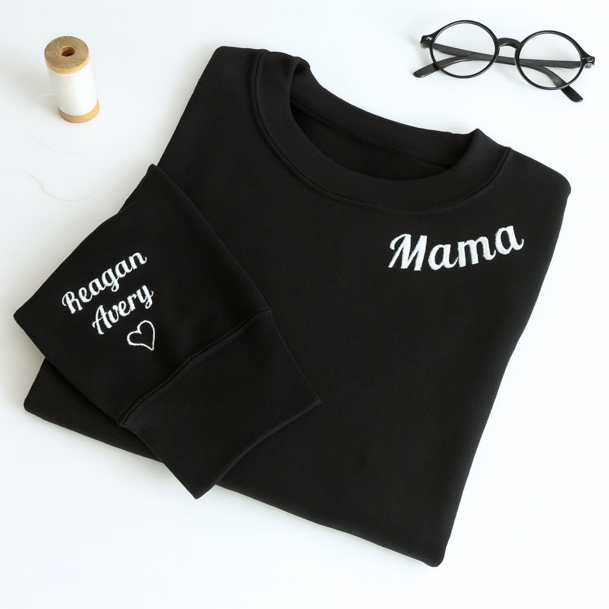 Mama Custom Embroidered Hoodie - Neckline Sweatshirt with Child Name & Heart - Mother's Day Gift