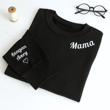 Mama Custom Embroidered Hoodie - Neckline Sweatshirt with Child Name & Heart - Mother's Day Gift