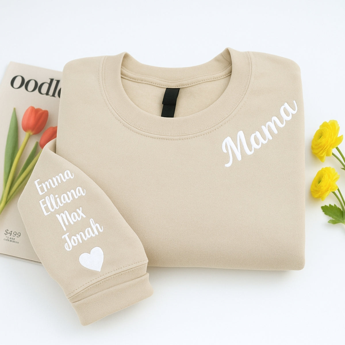 Mama Custom Embroidered Hoodie - Neckline Sweatshirt with Child Name & Heart - Mother's Day Gift