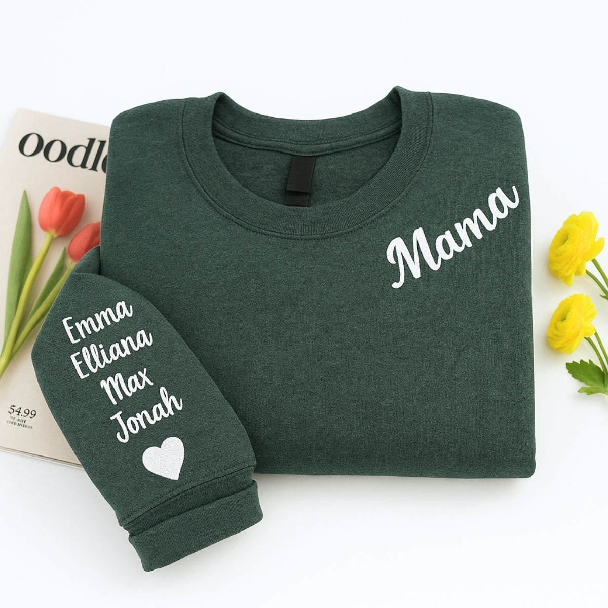 Mama Custom Embroidered Hoodie - Neckline Sweatshirt with Child Name & Heart - Mother's Day Gift