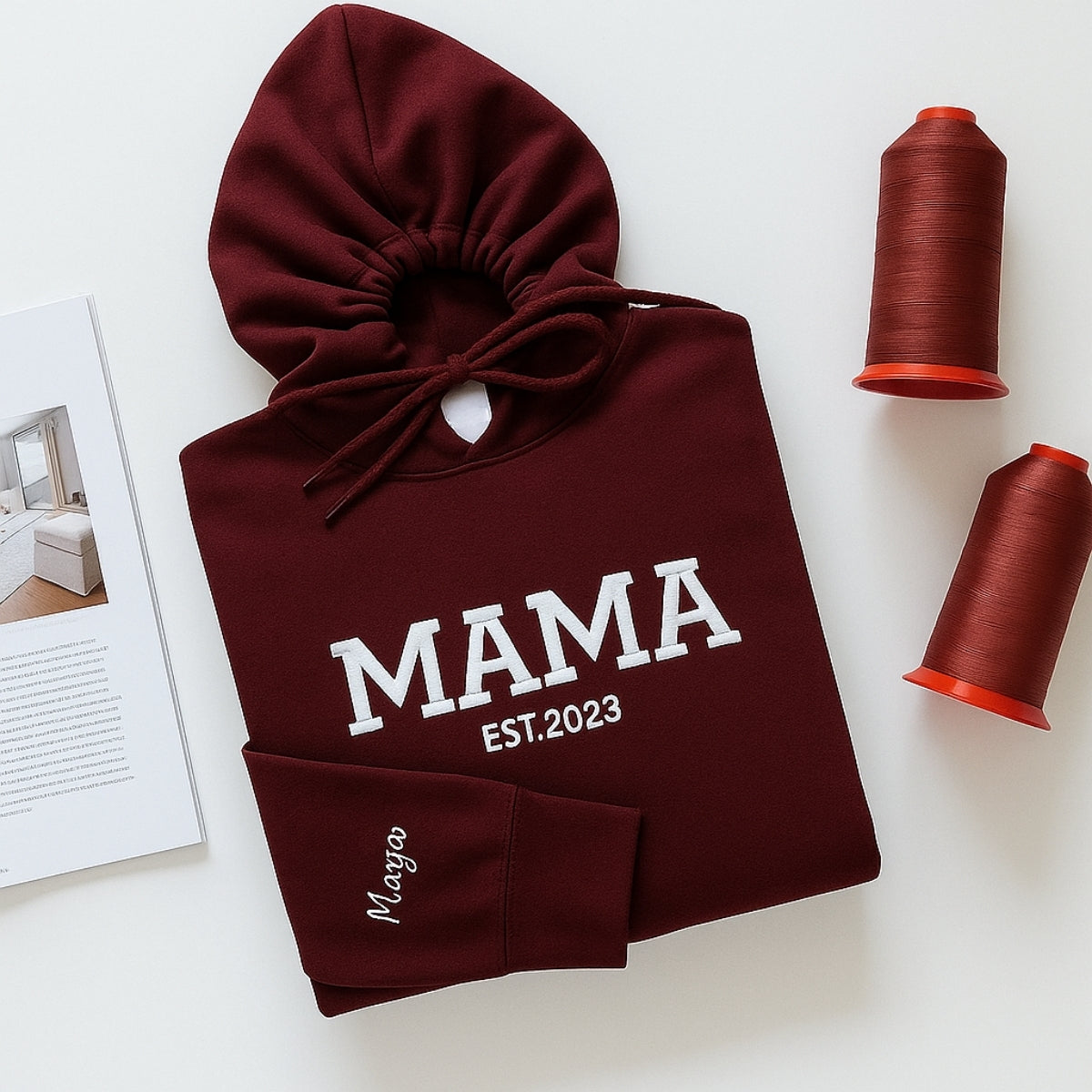 Mama EST Year Custom Embroidered Hoodie - Personalized Child Name Sweatshirt - New Mom Gift