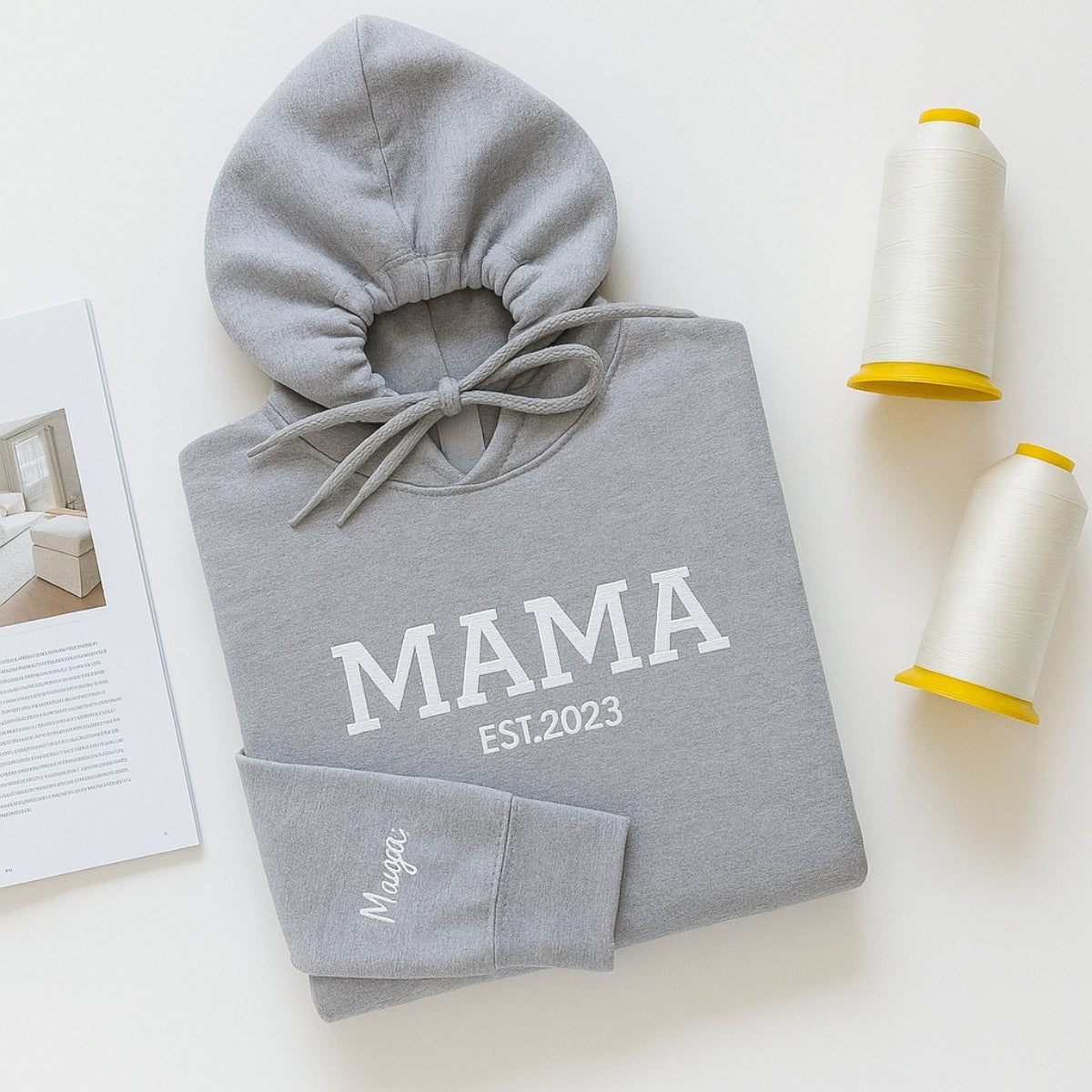 Mama EST Year Custom Embroidered Hoodie - Personalized Child Name Sweatshirt - New Mom Gift