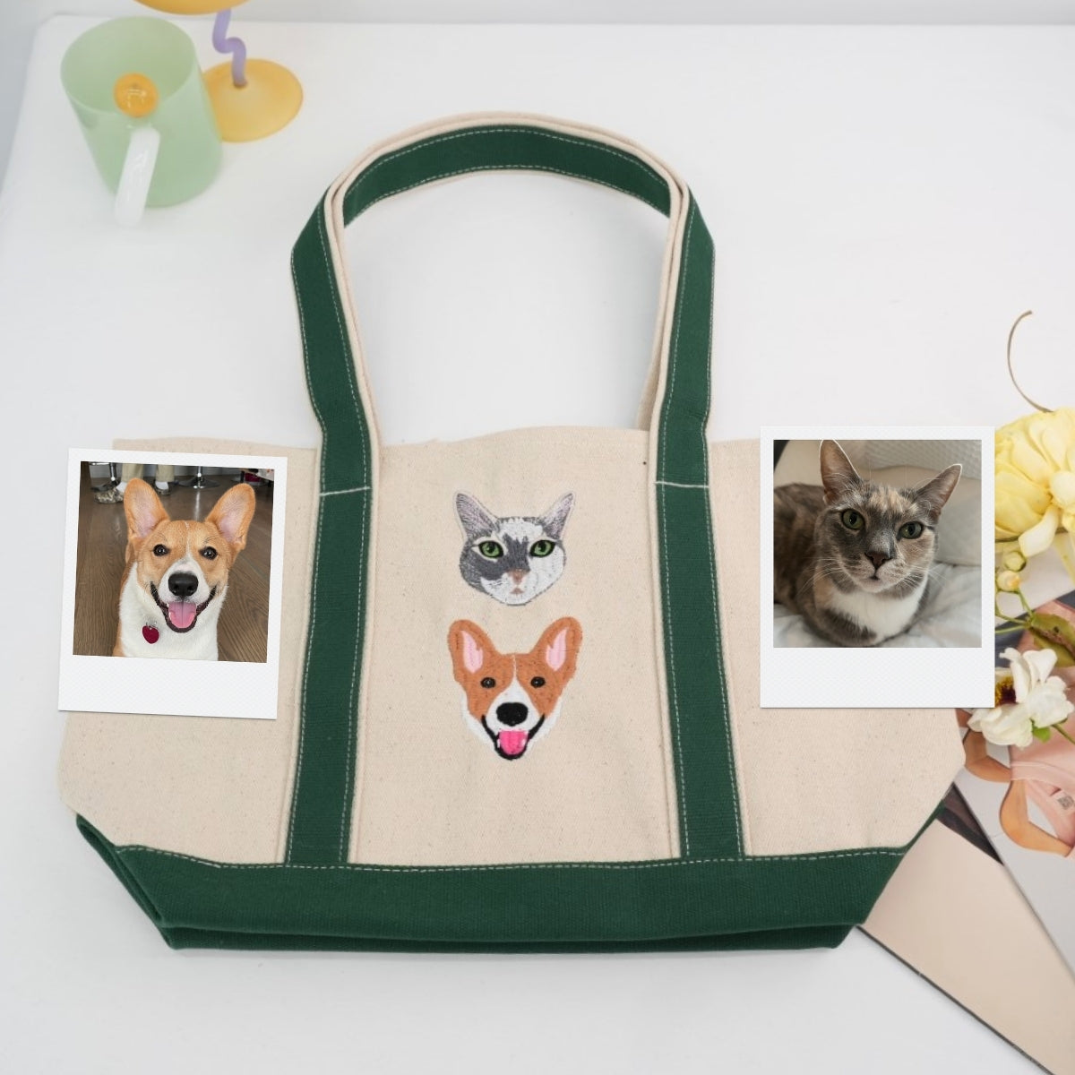 Mixed Pet Portrait Custom Embroidered Tote Bag - Dog Cat Face - Pet Parent Gift
