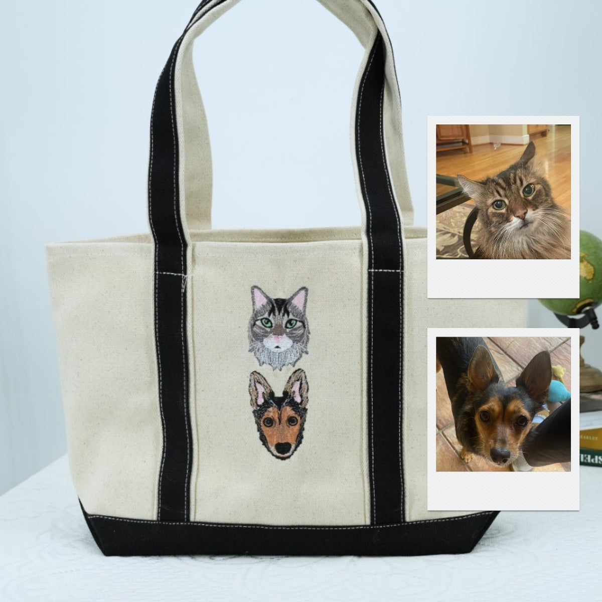 Mixed Pet Portrait Custom Embroidered Tote Bag - Dog Cat Face - Pet Parent Gift