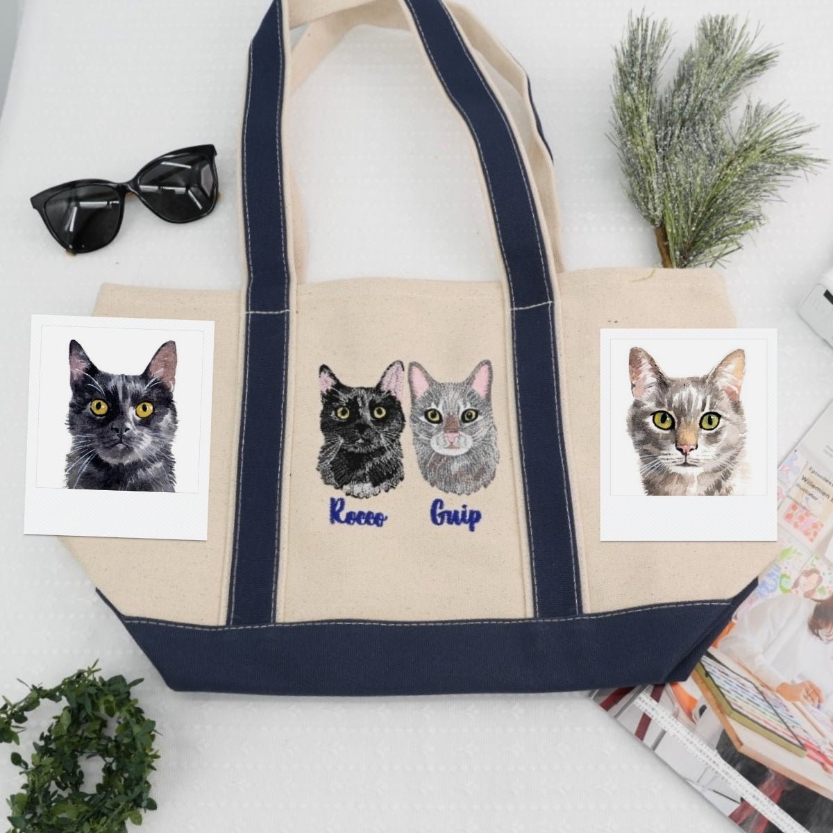 Mixed Pet Portrait Custom Embroidered Tote Bag - Dog Cat Face - Pet Parent Gift