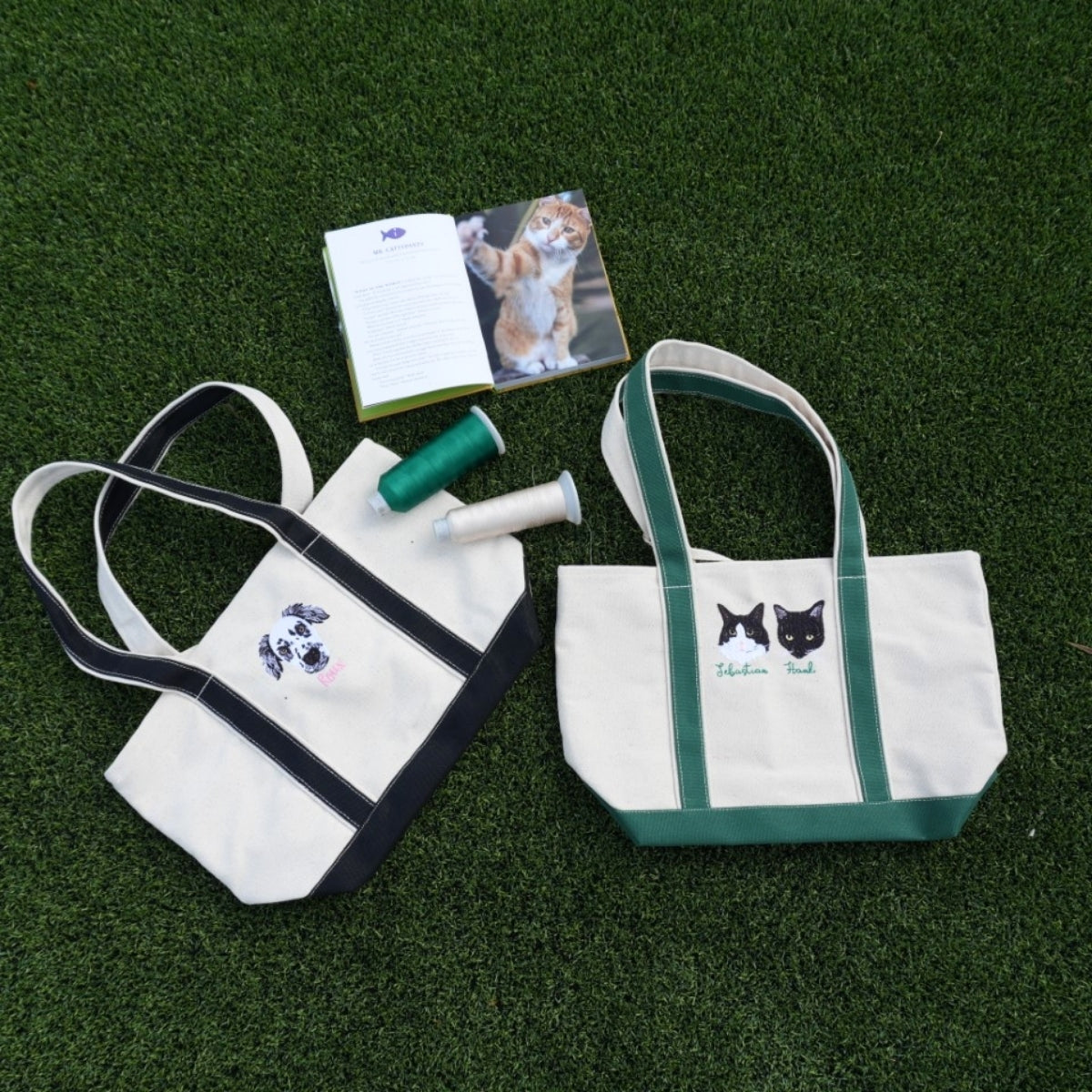 Mixed Pet Portrait Custom Embroidered Tote Bag - Dog Cat Face - Pet Parent Gift