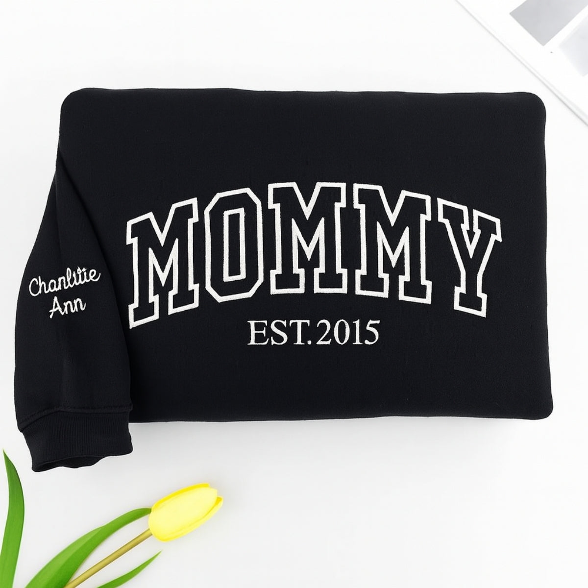 Mommy Custom Embroidered Sweatshirt - Varsity Style with Child Name & Heart - Mother's Day Gift