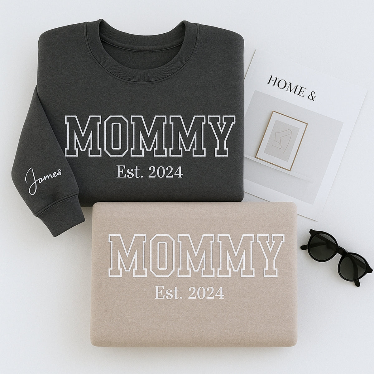 Mommy Custom Embroidered Sweatshirt - Varsity Style with Child Name & Heart - Mother's Day Gift