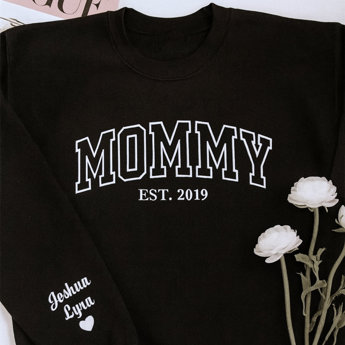 Mommy Custom Embroidered Sweatshirt - Varsity Style with Child Name & Heart - Mother's Day Gift