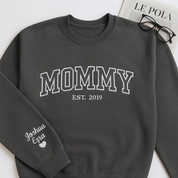 Mommy Custom Embroidered Sweatshirt - Varsity Style with Kids Names - Personalized Mother's Day Gift