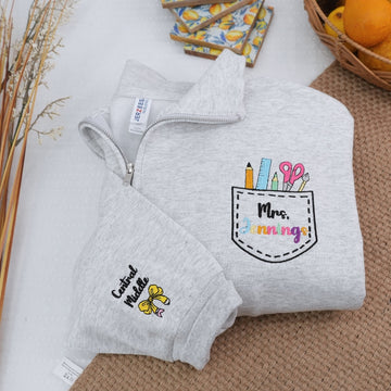 Teacher Custom Embroidered Zip Up Hoodie - Female Educator Sweatshirt - Personalized Teacher Gift