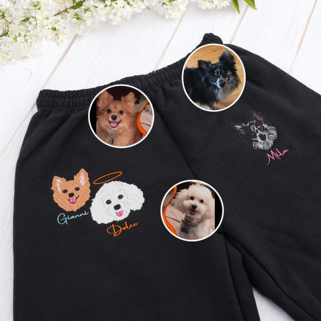 Dog Names Custom Embroidered Sweatpants - Pet Portrait Sweatpants - Personalized Pet Family Gift