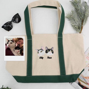 Cat Portrait Custom Embroidered Tote Bag - Cat Face Canvas Bag - Personalized Cat Mom Gift